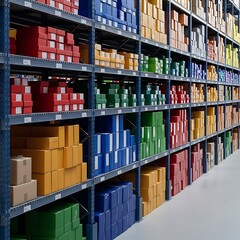 Warehouse Shelves Stocked with Colorful Boxes and Packages.