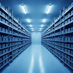 Warehouse Storage Facility with Rows of Shelves and Boxes.