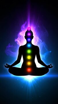 Silhouette of meditative figure with chakra points aligned and glowing in cosmic space promoting energy and balance for mental health and well being