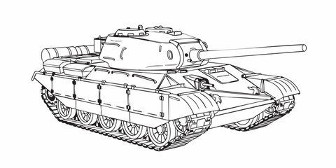 Detailed military tank line art illustration, modern armored battle tank outline, black and white vector drawing, side perspective