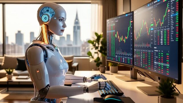 Robotic AI home assistant automates stock market trading, analyzing financial data on multiple screens in a modern, sunlit setting