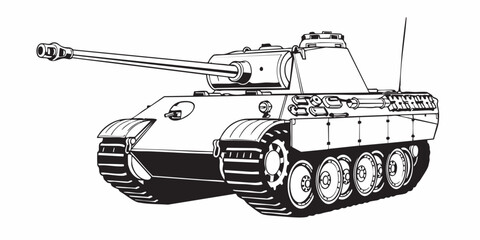 Detailed military tank line art illustration, modern armored battle tank outline, black and white vector drawing, side perspective