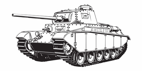 Detailed military tank line art illustration, modern armored battle tank outline, black and white vector drawing, side perspective