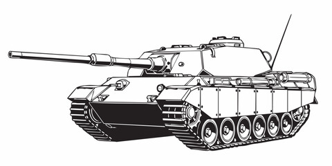 Detailed military tank line art illustration, modern armored battle tank outline, black and white vector drawing, side perspective
