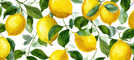 Lemons on branch with green leaves on transparent background