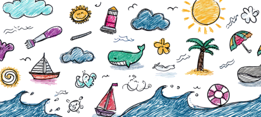 Hand drawn summer elements on transparent background