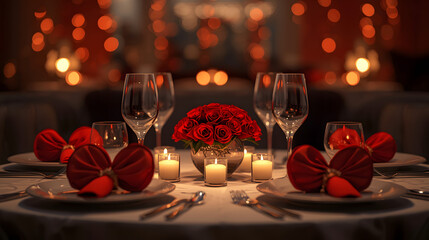 Romantic dinner table setting with red roses, candles, and bokeh lights.