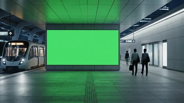 A green screen billboard in a modern subway station with a train and people walking by, captured in a cinematic style with a predominantly gray and green color palette.