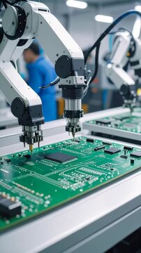 Automated robotic arms precisely working on green circuit boards, manufacturing electronic components in a modern factory, high tech engineering and production.