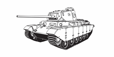 Detailed military tank line art illustration, modern armored battle tank outline, black and white vector drawing, side perspective