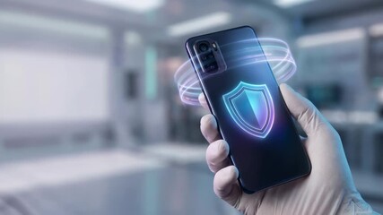 Smartphone with digital shield icon glowing screen held by hand wearing medical glove symbolizing mobile security and protection with glowing rings - Powered by Adobe