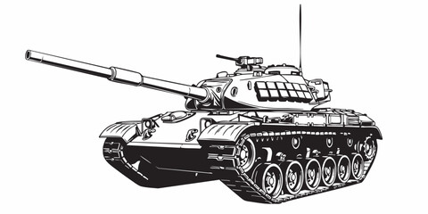 Detailed military tank line art illustration, modern armored battle tank outline, black and white vector drawing, side perspective
