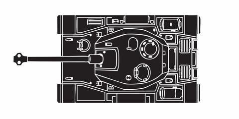 Detailed military tank line art illustration, modern armored battle tank outline, black and white vector drawing, side perspective