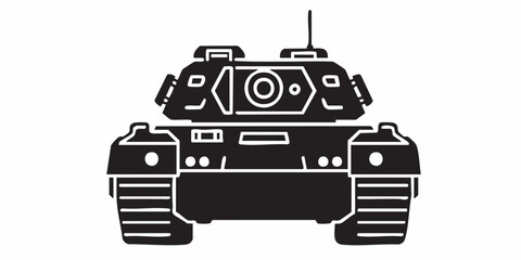 Detailed military tank line art illustration, modern armored battle tank outline, black and white vector drawing, side perspective