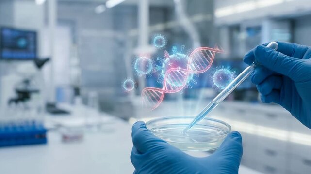 Scientist holding petri dish with pipette and digital dna virus hologram in laboratory showing virus and dna strand analysis