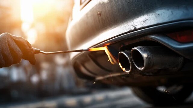 Technician applying heatresistant ceramic coating repair on a damaged car exhaust ensuring hightemperature durability and corrosion resistance