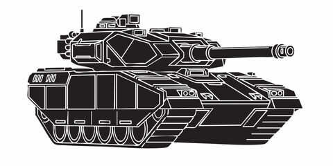 Detailed military tank line art illustration, modern armored battle tank outline, black and white vector drawing, side perspective
