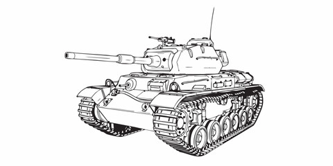 Detailed military tank line art illustration, modern armored battle tank outline, black and white vector drawing, side perspective