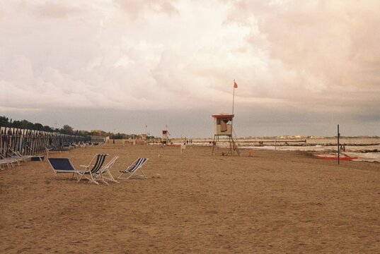Lifeguard tower empty beach in Lido
