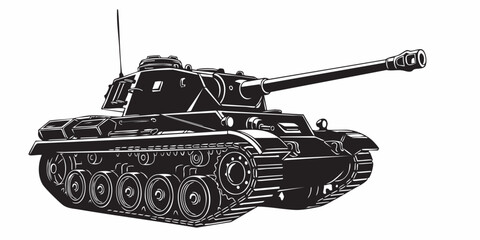 Detailed military tank line art illustration, modern armored battle tank outline, black and white vector drawing, side perspective