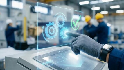 Smart factory worker operating touchscreen interface with gear icons and checkmark showcasing advanced technology innovation industrial manufacturing - Powered by Adobe