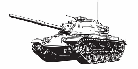 Detailed military tank line art illustration, modern armored battle tank outline, black and white vector drawing, side perspective