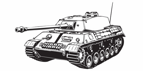 Detailed military tank line art illustration, modern armored battle tank outline, black and white vector drawing, side perspective