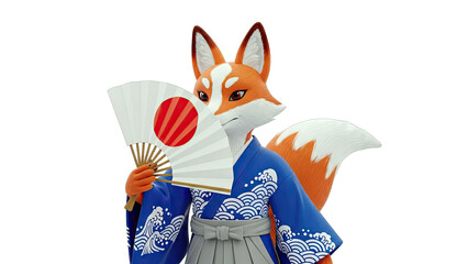 Fox in Kimono Holding Japanese Fan
