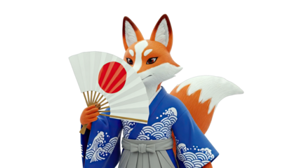 Fox in Kimono Holding Japanese Fan