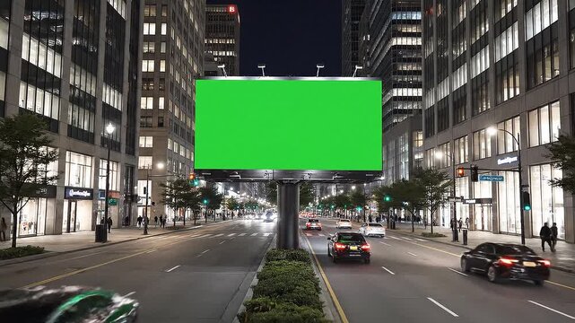 A green billboard at night on a city street with cars driving by and tall buildings on either side, with a dark sky.