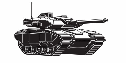 Detailed military tank line art illustration, modern armored battle tank outline, black and white vector drawing, side perspective
