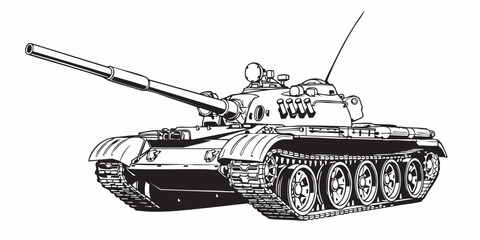 Detailed military tank line art illustration, modern armored battle tank outline, black and white vector drawing, side perspective