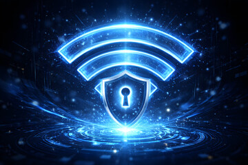 A glowing digital cybersecurity symbol combining Wi-Fi and shield iconography, representing global secure connectivity.