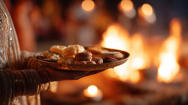Lohri celebration moment, close-up of womans hand holding traditional brass plate with sweets, bonfire glow behind 