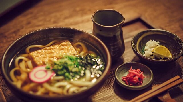 木の卓上で狐うどんと小鉢の温かな定食構図