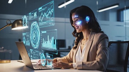 Close-up of a young businesswoman wearing futuristic glasses and working on a laptop with digital graphs projected in a modern office at night. - Powered by Adobe
