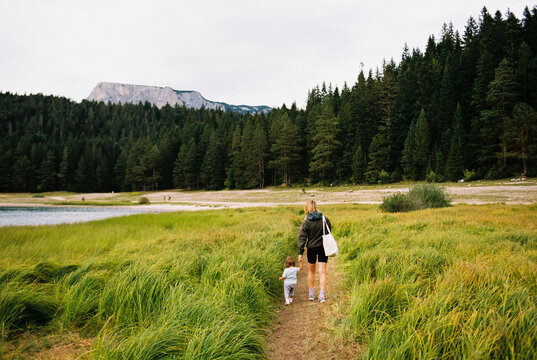 Mother and daughter went on a hike in nature