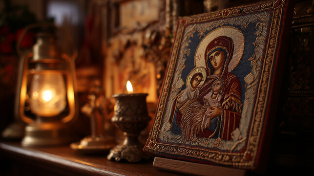 Orthodox Christmas icon corner, close-up of embroidered cloth covering a wooden icon stand, gentle lamp glow behind