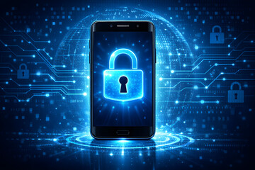 Futuristic smartphone illustration featuring glowing lock symbol signifying mobile data encryption and secure access.