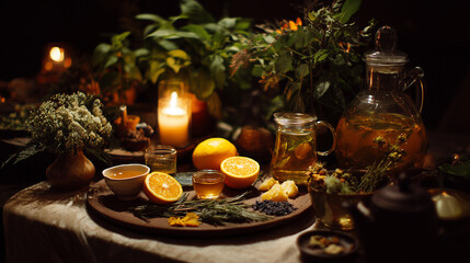 Solstice wreath made of evergreen branches, oranges, cinnamon, and white candles