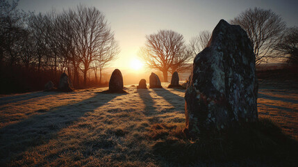 Stone circle glowing at winter solstice dawn, long shadows and mystical atmosphere 