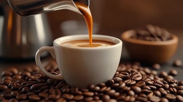 Espresso being poured beside coffee beans, shallow focus, elegant caf&eacute; style, clean and timeless.