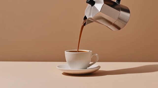 Minimalist espresso pour on light background, high clarity, modern coffee commercial footage.