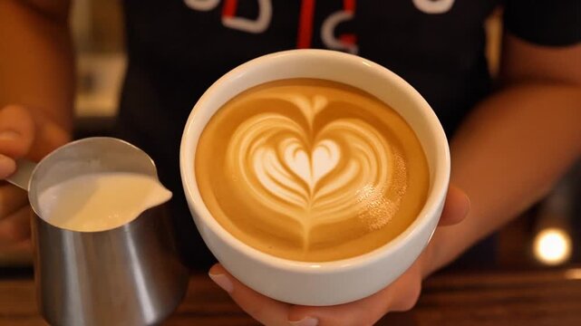 Latte art forming smoothly, creamy milk texture, close-up shot, professional caf&eacute; aesthetic.
