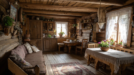 Timber cabin interior with handmade wooden furniture and cozy provincial decor