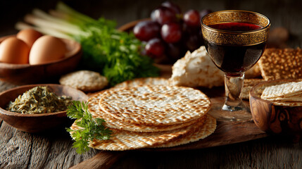 Traditional Passover Seder table with matzah, wine, and symbolic foods 