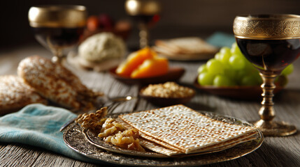 Traditional Passover Seder table with matzah, wine, and symbolic foods 