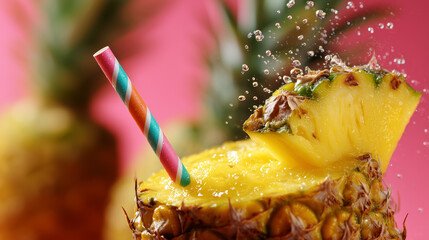 Tropical pineapple drink macro shot served in pineapple shell, striped straw popping from top Drinking Straw Day