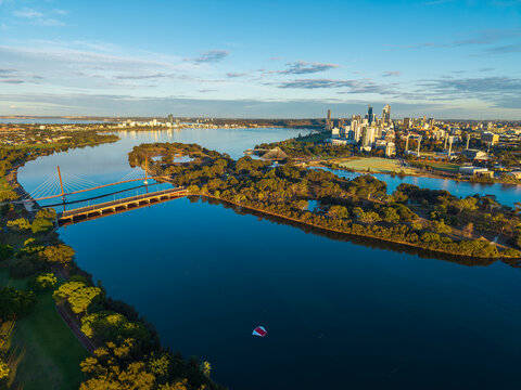Boorloo Bridge and Perth city on a beautiful day aerial view