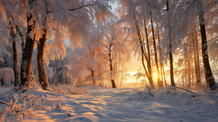 Winter solstice sunrise over snowy forest, golden light illuminating frosted trees